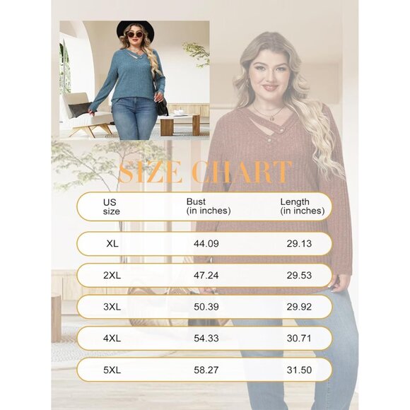 Plus Size Women's Knitted V Neck Top Long Sleeve Casual Blouse - Picture 7 of 7